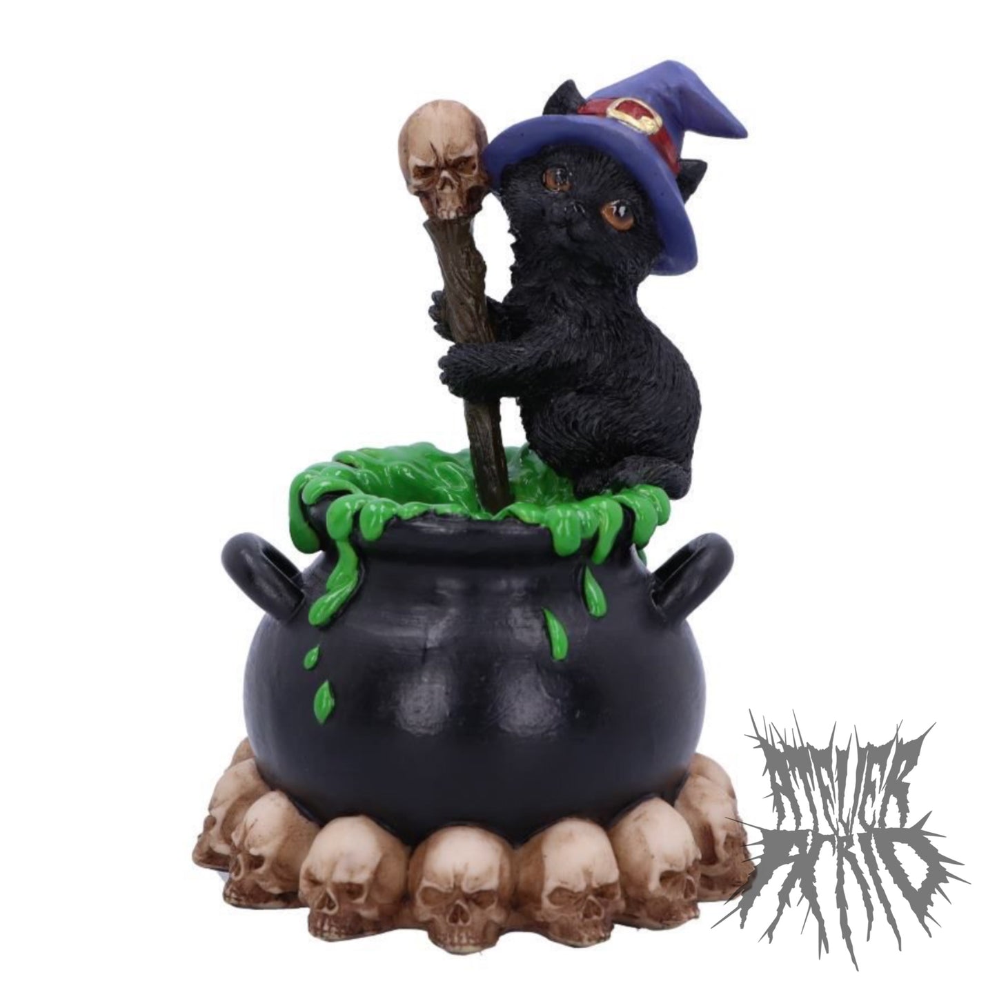 Spook Witches Familiar Black Cat and Bubbling Cauldron Figurine