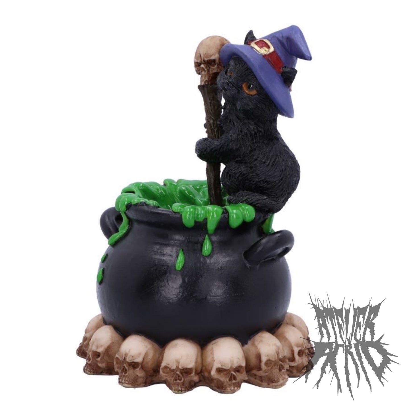 Spook Witches Familiar Black Cat and Bubbling Cauldron Figurine