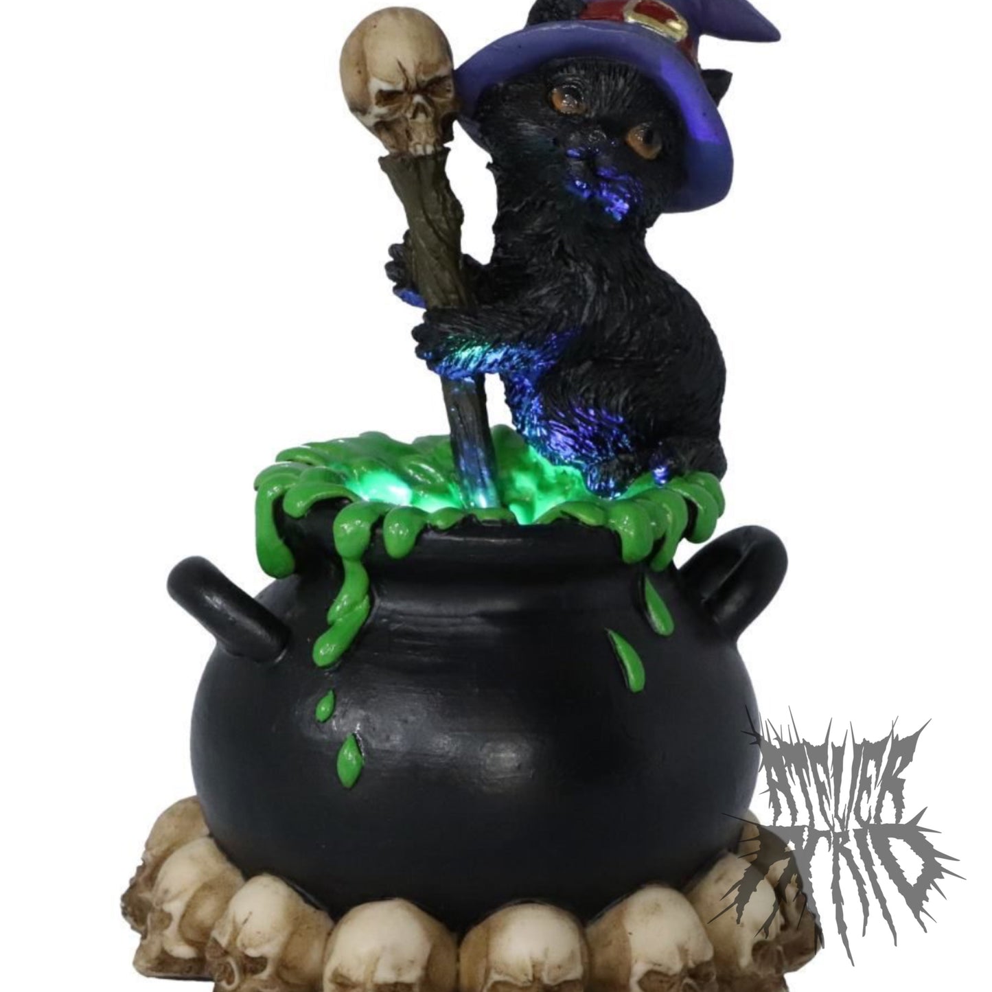 Spook Witches Familiar Black Cat and Bubbling Cauldron Figurine