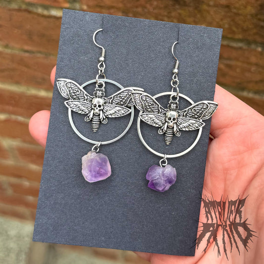 The Amethyst Moth Earrings- statement Deaths head moth dangle earrings