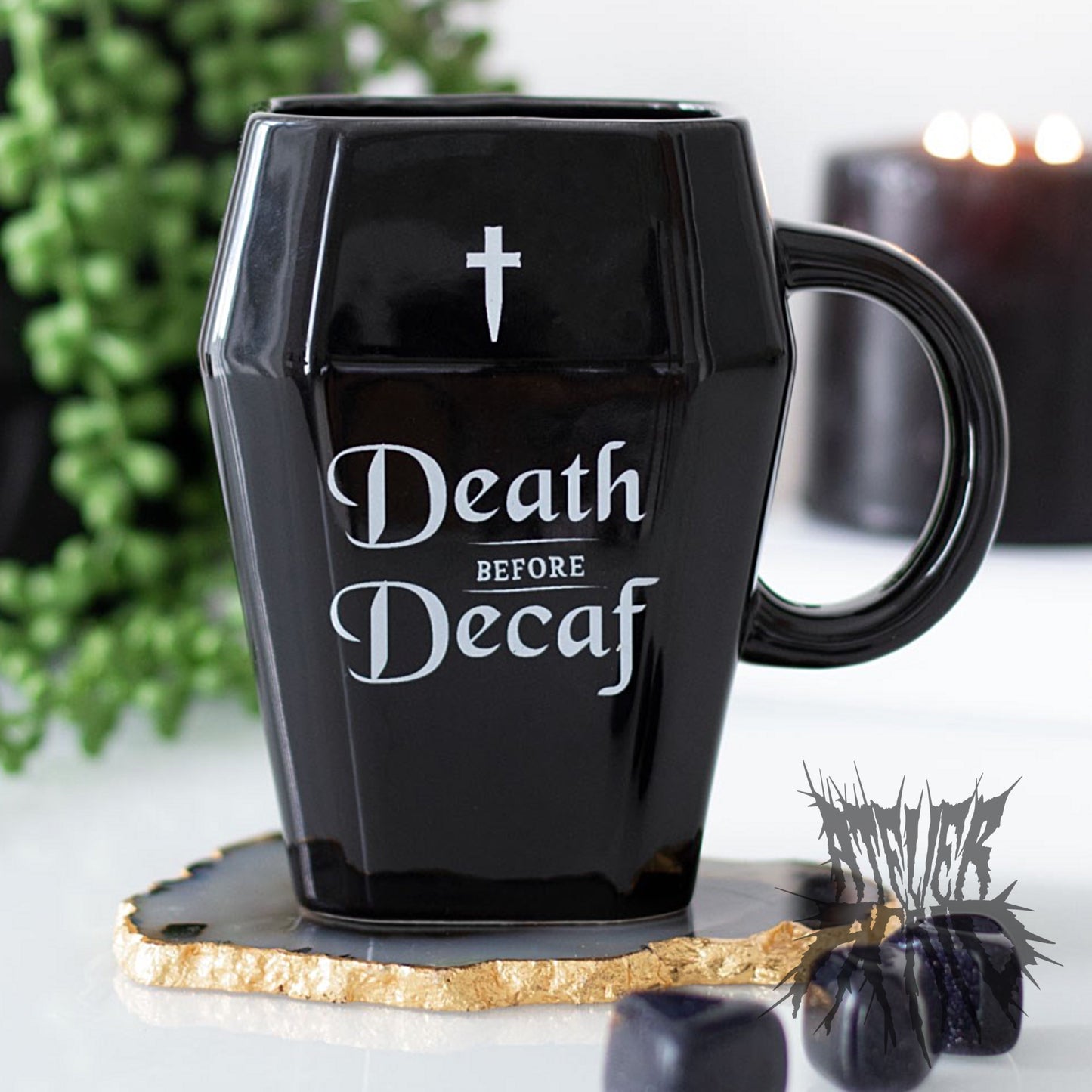 The Death Before Decaf Mug - Coffin shape gothic mug