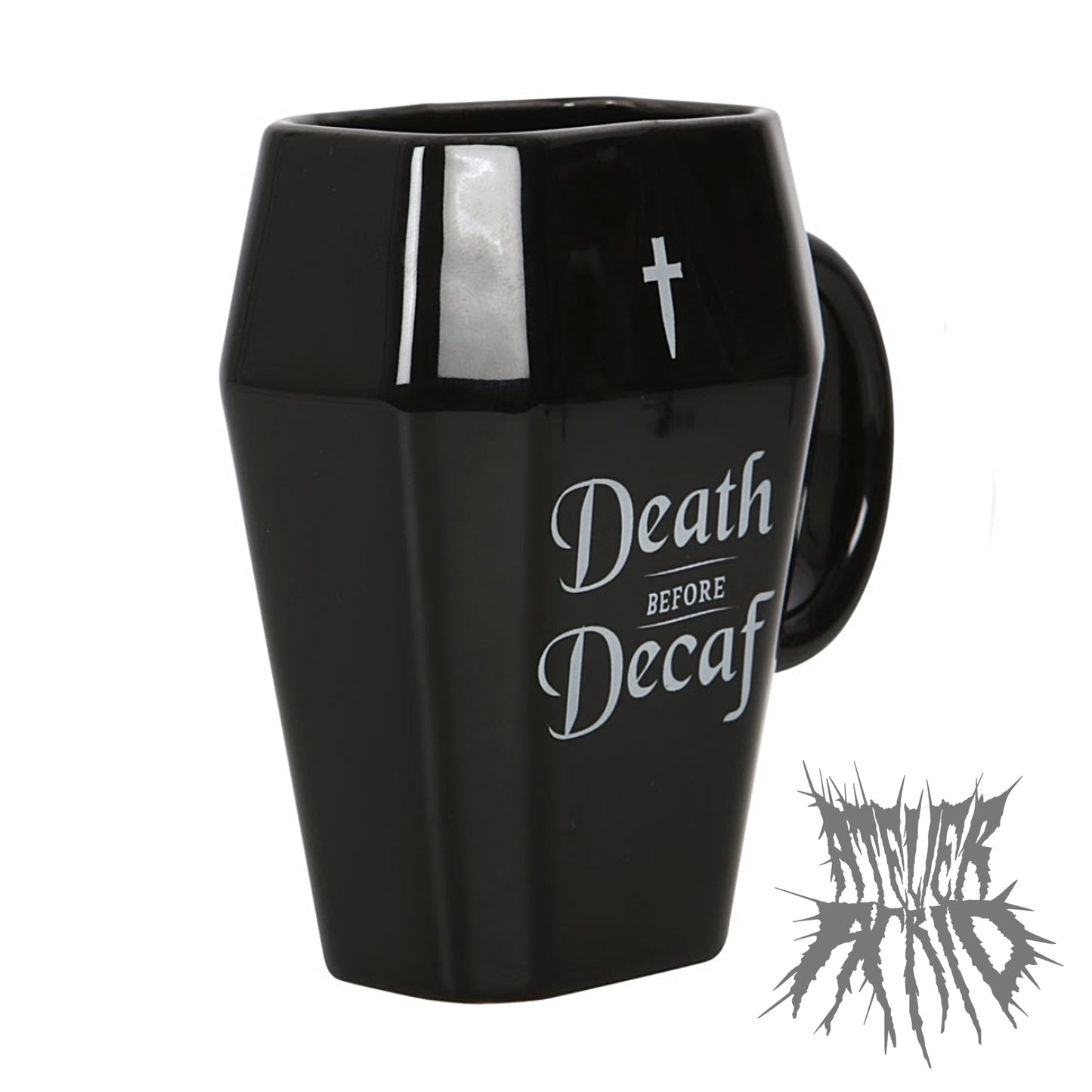 The Death Before Decaf Mug - Coffin shape gothic mug