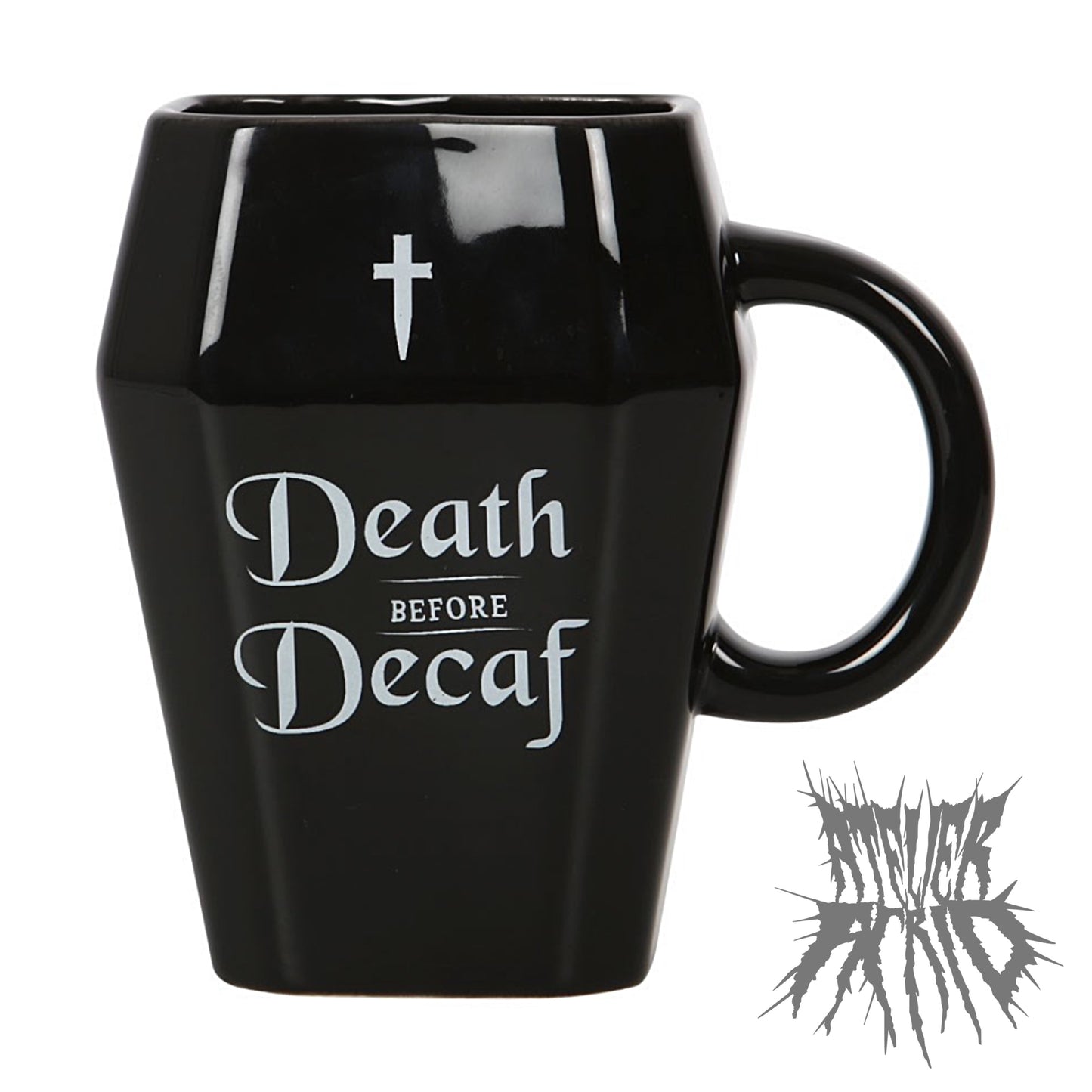 The Death Before Decaf Mug - Coffin shape gothic mug