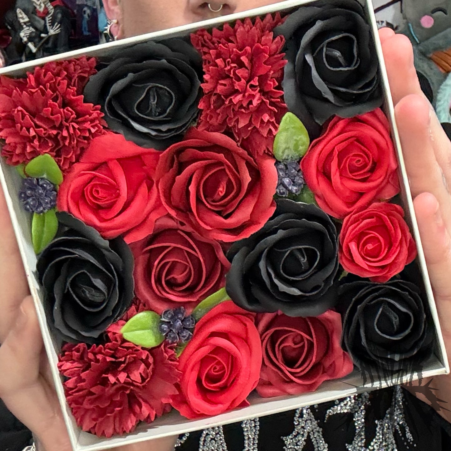 Square Box - Gothic Red & Black Roses - Soap Rose Gift Box