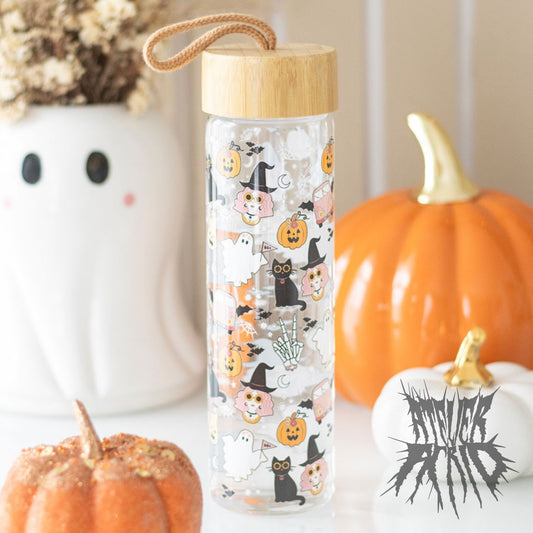 Groovy Ghost Print Glass Water Bottle with Bamboo Lid
