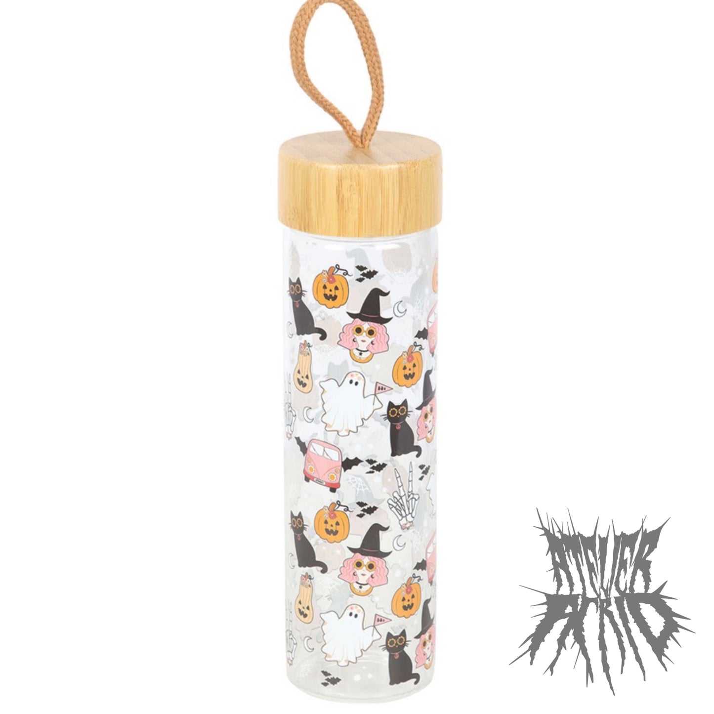 Groovy Ghost Print Glass Water Bottle with Bamboo Lid