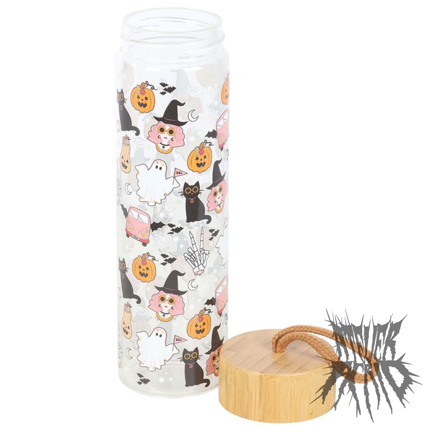 Groovy Ghost Print Glass Water Bottle with Bamboo Lid