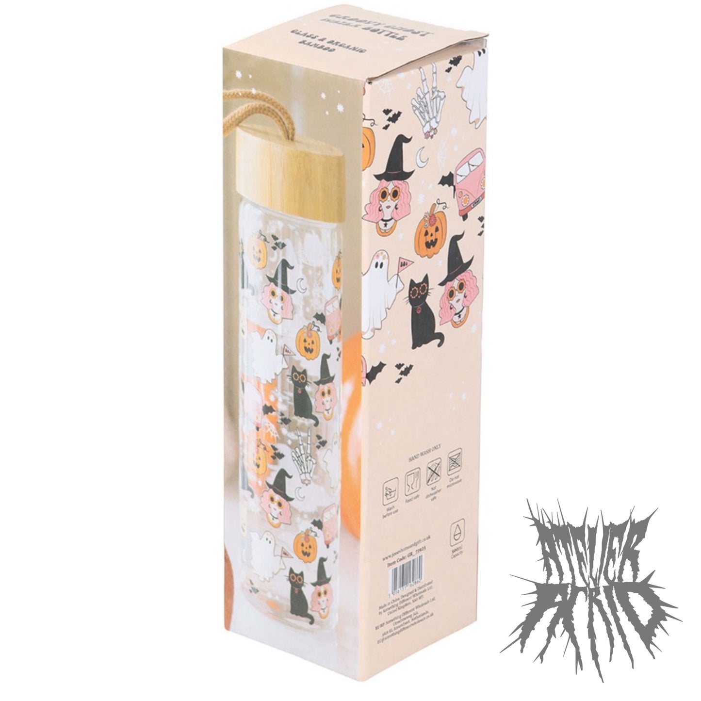 Groovy Ghost Print Glass Water Bottle with Bamboo Lid