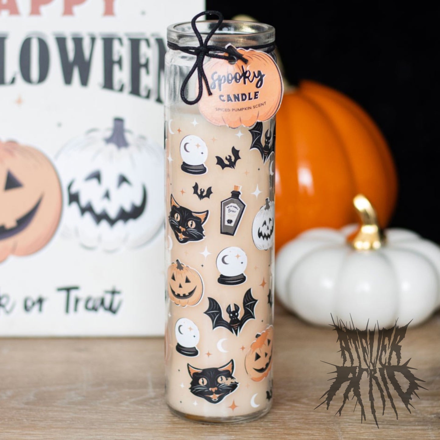 Spooky Cat and Pumpkin Print Spiced Pumpkin Glass Tube Candle