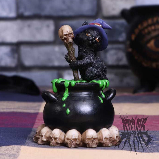 Spook Witches Familiar Black Cat and Bubbling Cauldron Figurine