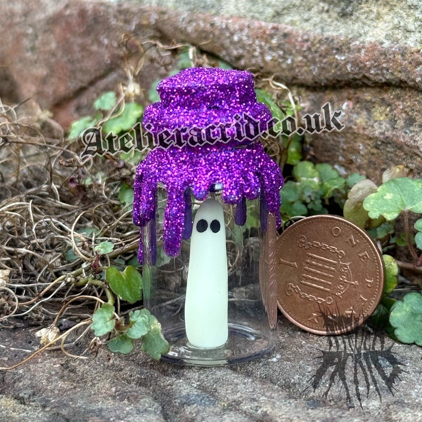 Adopt-a-Ghost (Glitter) Cute Halloween miniature decoration. Collectible Ghost figurines