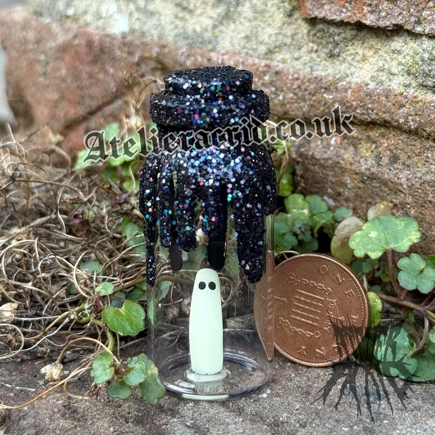 Adopt-a-Ghost (Glitter) Cute Halloween miniature decoration. Collectible Ghost figurines