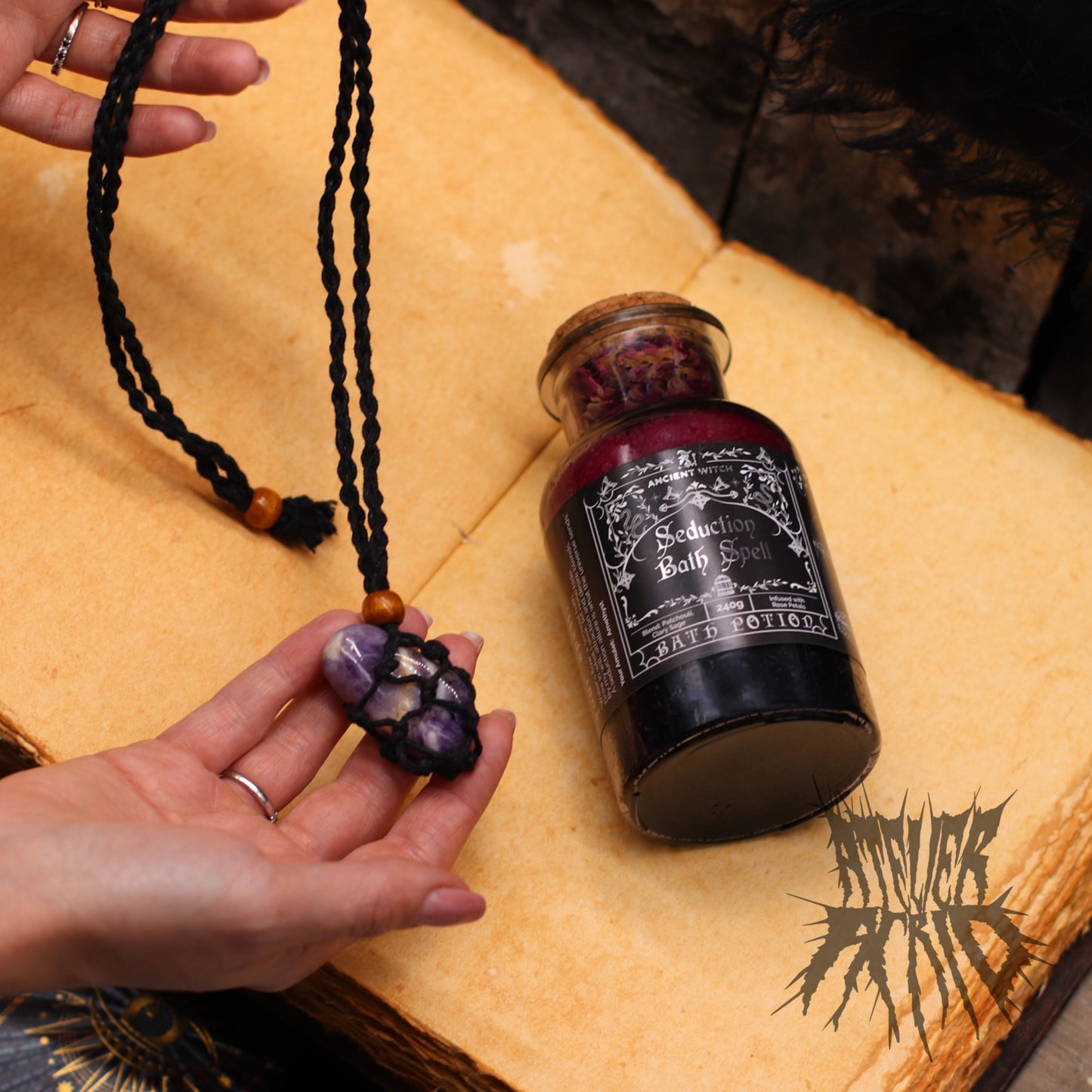Ancient Witch Bath Spell Potion & Rose Quartz Crystal Amulet - Love
