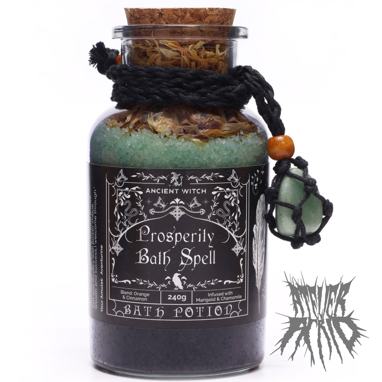 Ancient Witch Bath Spell Potion & Aventurine Crystal Amulet - Prosperity