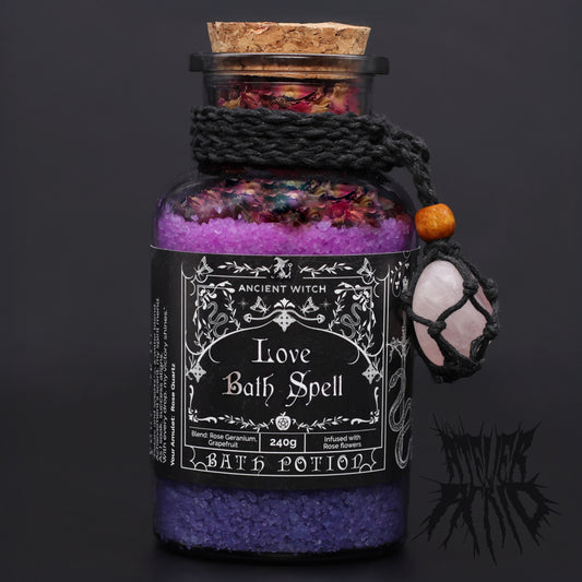 Ancient Witch Bath Spell Potion & Rose Quartz Crystal Amulet - Love