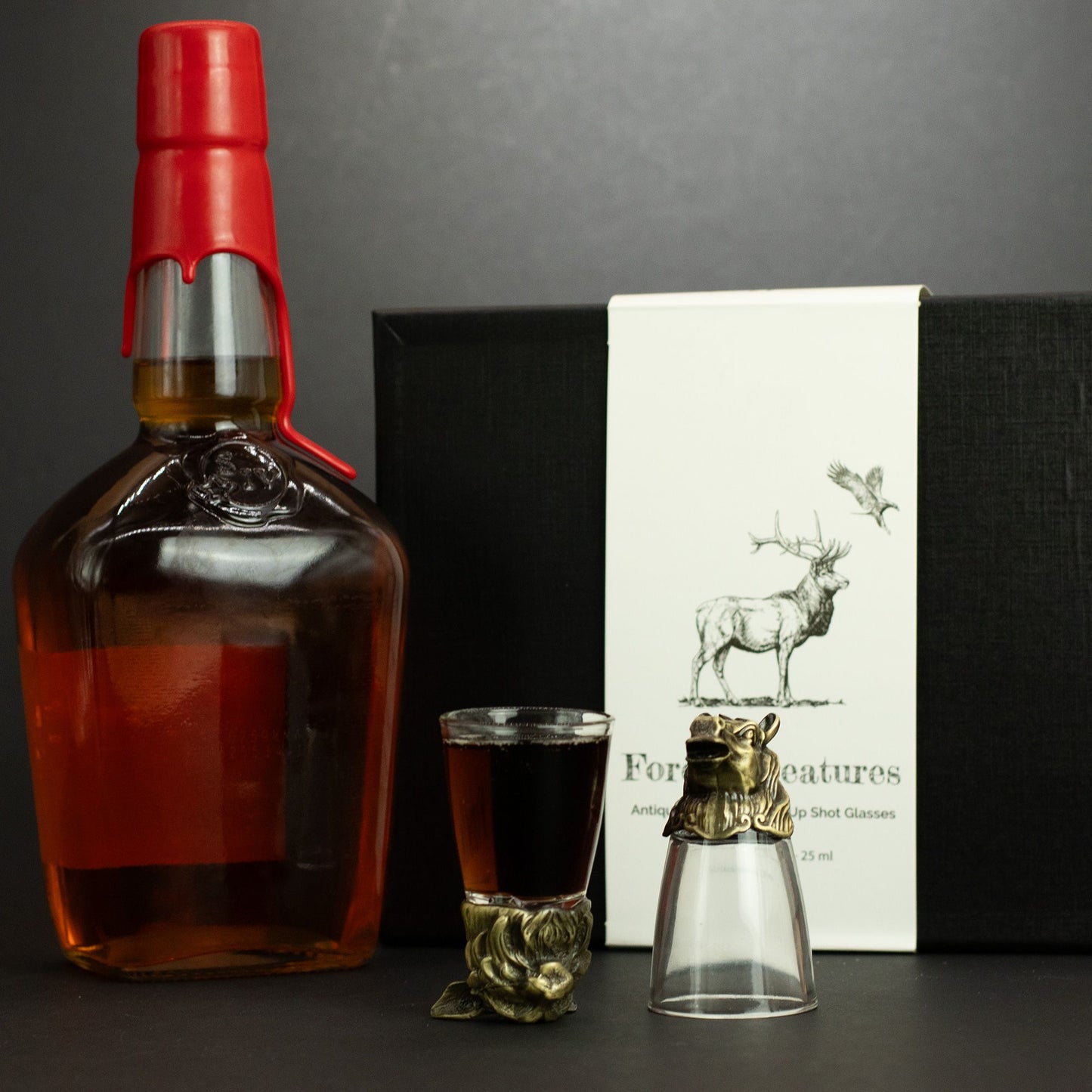 Gift Set of 12 Bottom Up Shot Glasses (25ml) - Forest & Mystical Creatures - Antique Bronze