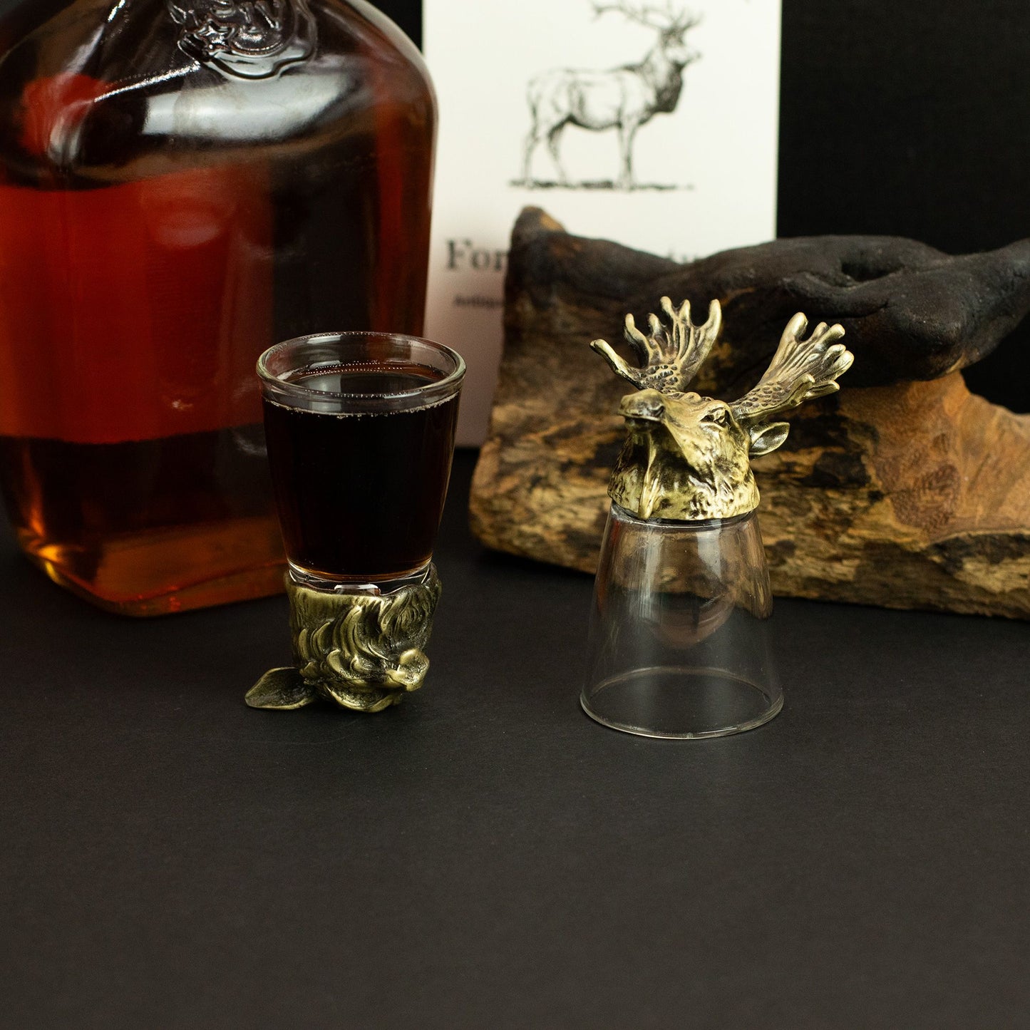 Gift Set of 12 Bottom Up Shot Glasses (25ml) - Forest & Mystical Creatures - Antique Bronze