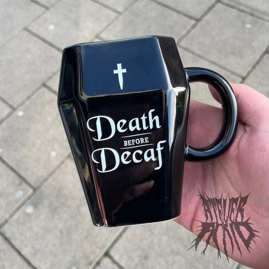 The Death Before Decaf Mug - Coffin shape gothic mug